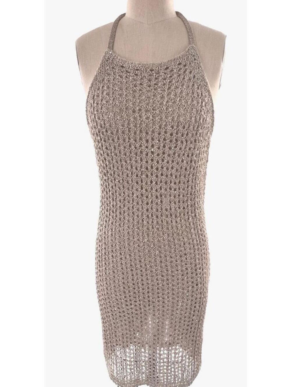 Bar III Metallic Crochet Halter Midi Dress Beige Sequin Boho Party Y2K Summer S